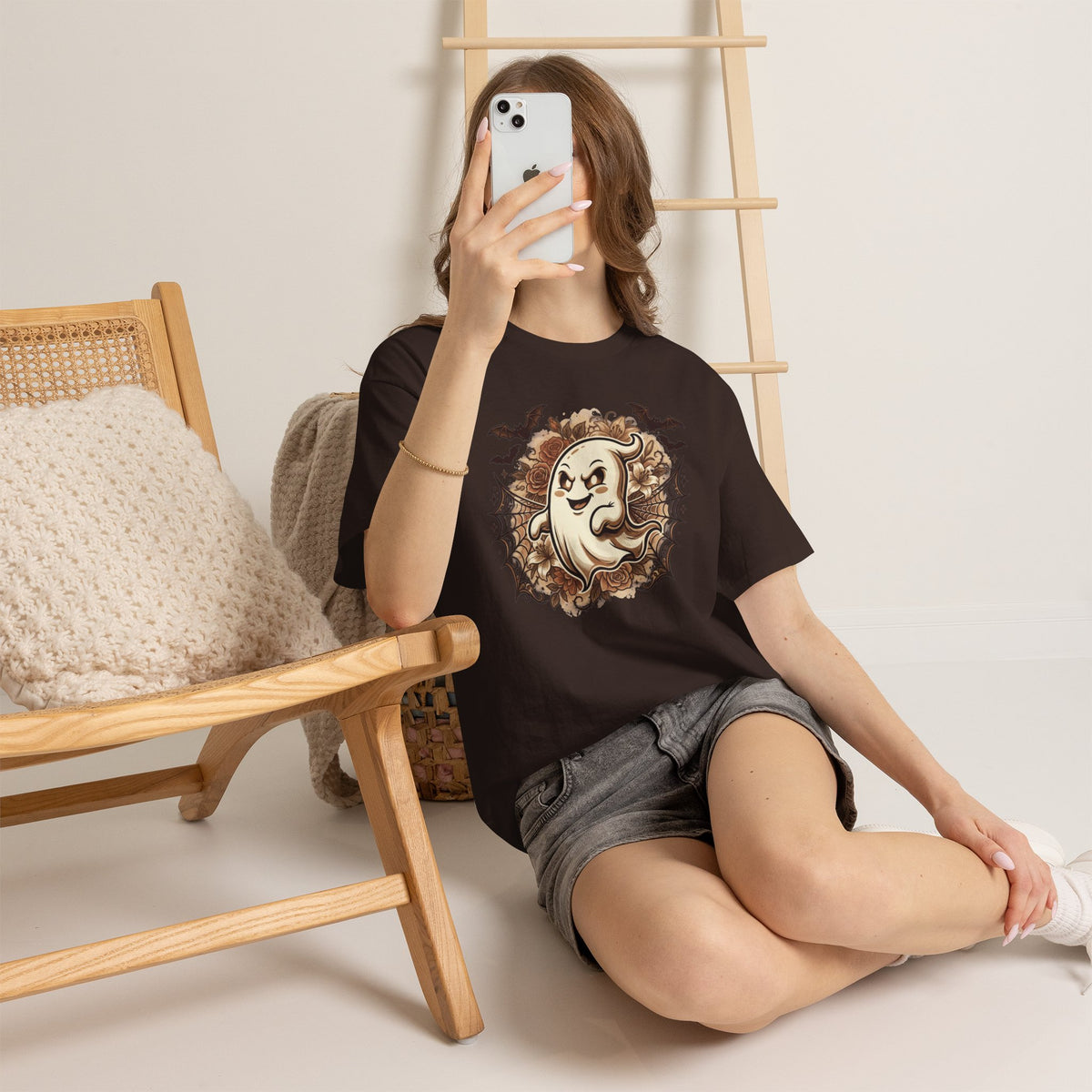 Ghost Cartoon Halloween T‑Shirt — Cute Spooky Ghost with Bats & Cobwebs