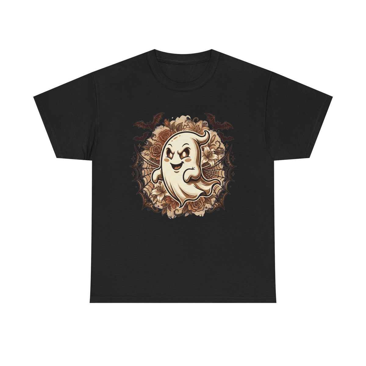 Ghost Cartoon Halloween T‑Shirt — Cute Spooky Ghost with Bats & Cobwebs