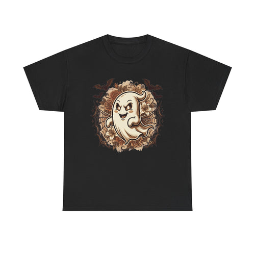 Ghost Cartoon Halloween T‑Shirt — Cute Spooky Ghost with Bats & Cobwebs