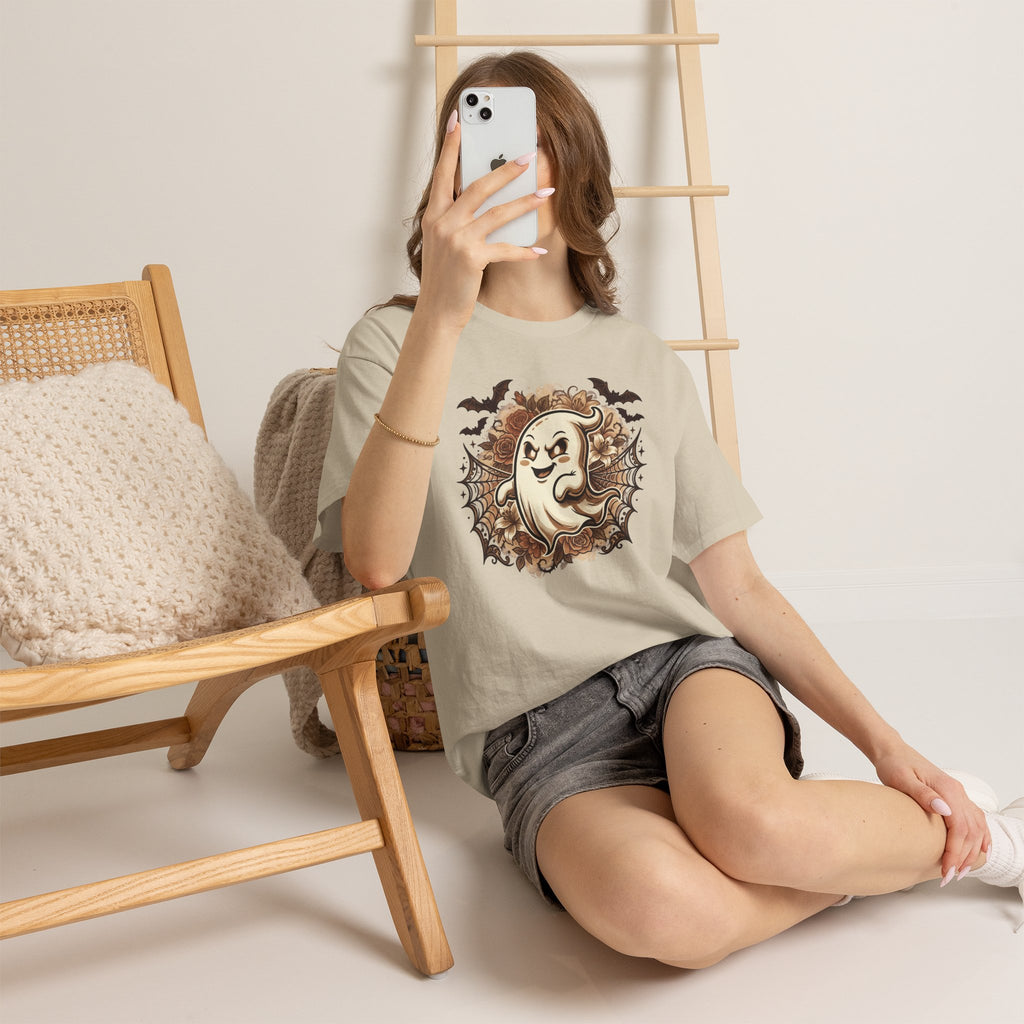 Ghost Cartoon Halloween T‑Shirt — Cute Spooky Ghost with Bats & Cobwebs