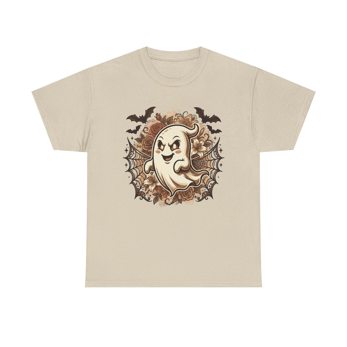 Ghost Cartoon Halloween T‑Shirt — Cute Spooky Ghost with Bats & Cobwebs