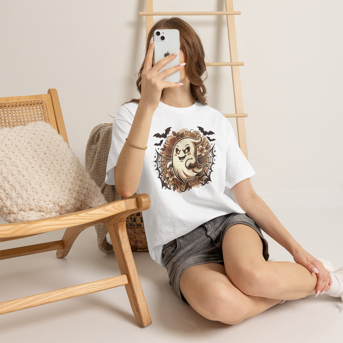 Ghost Cartoon Halloween T‑Shirt — Cute Spooky Ghost with Bats & Cobwebs