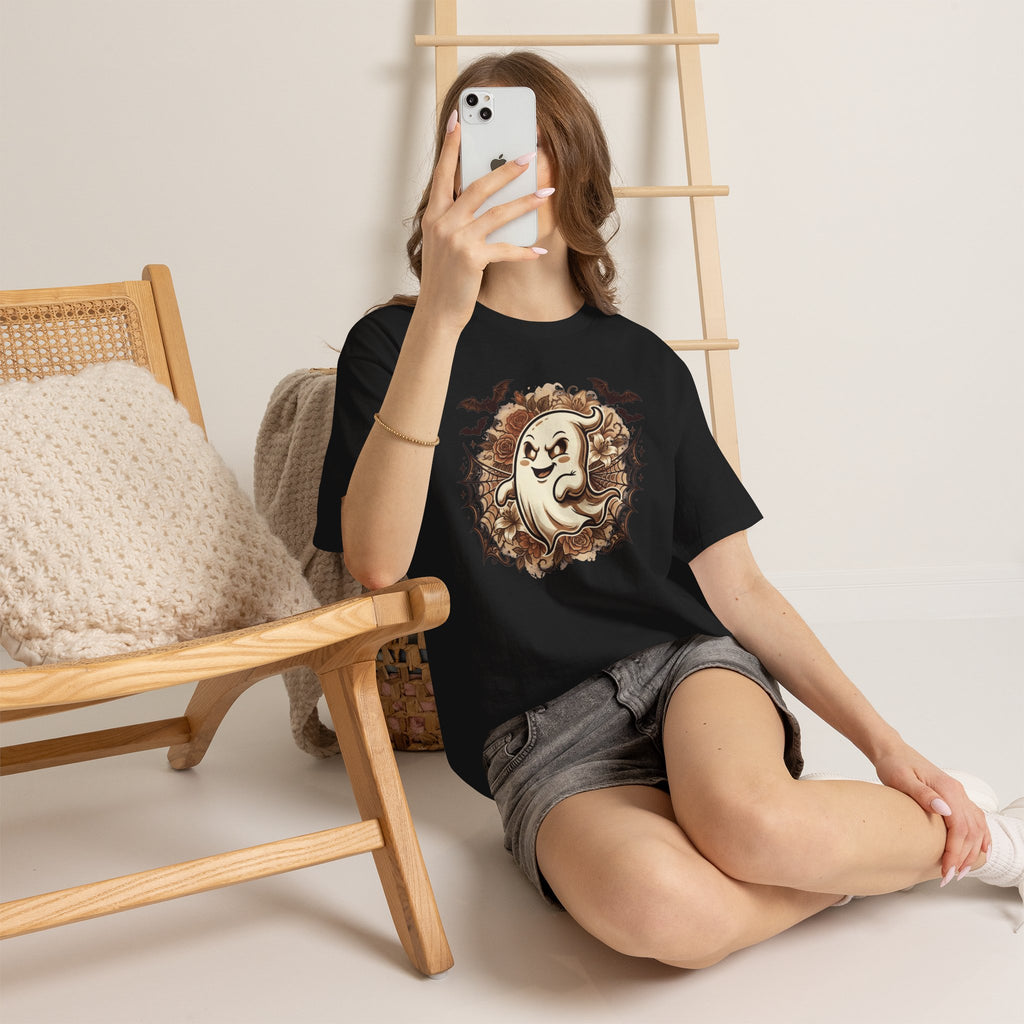 Ghost Cartoon Halloween T‑Shirt — Cute Spooky Ghost with Bats & Cobwebs