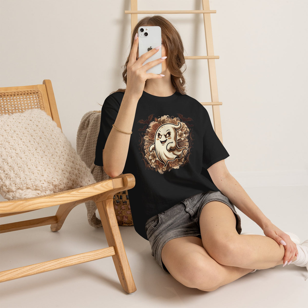 Ghost Cartoon Halloween T‑Shirt — Cute Spooky Ghost with Bats & Cobwebs