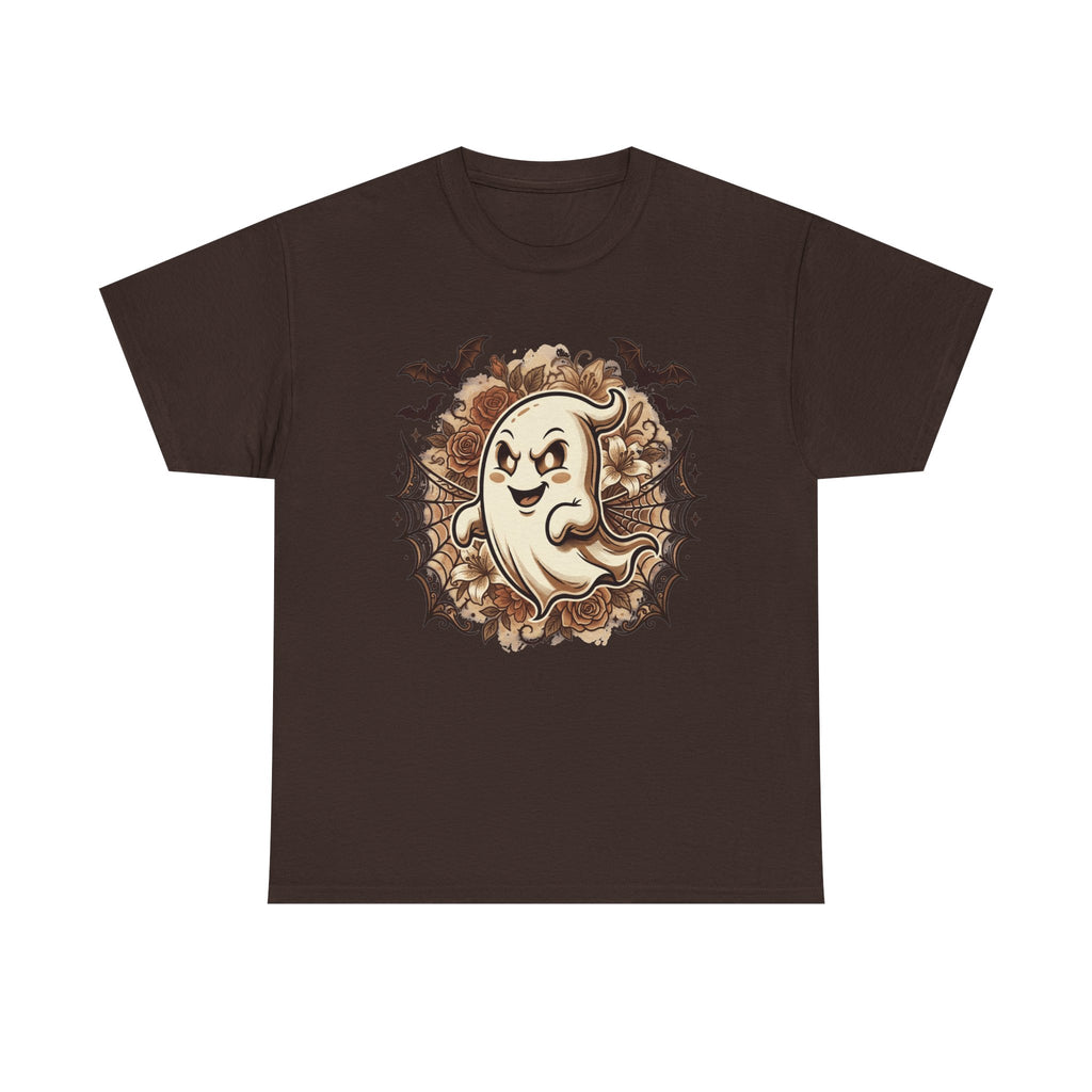 Ghost Cartoon Halloween T‑Shirt — Cute Spooky Ghost with Bats & Cobwebs
