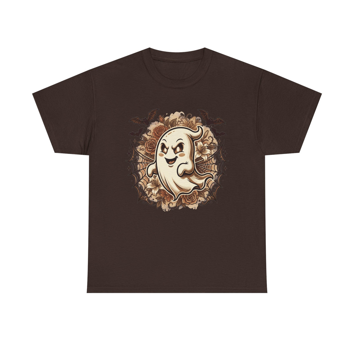 Ghost Cartoon Halloween T‑Shirt — Cute Spooky Ghost with Bats & Cobwebs