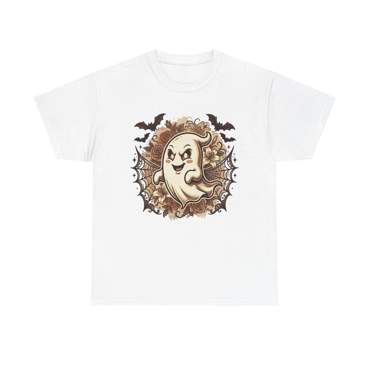 Ghost Cartoon Halloween T‑Shirt — Cute Spooky Ghost with Bats & Cobwebs
