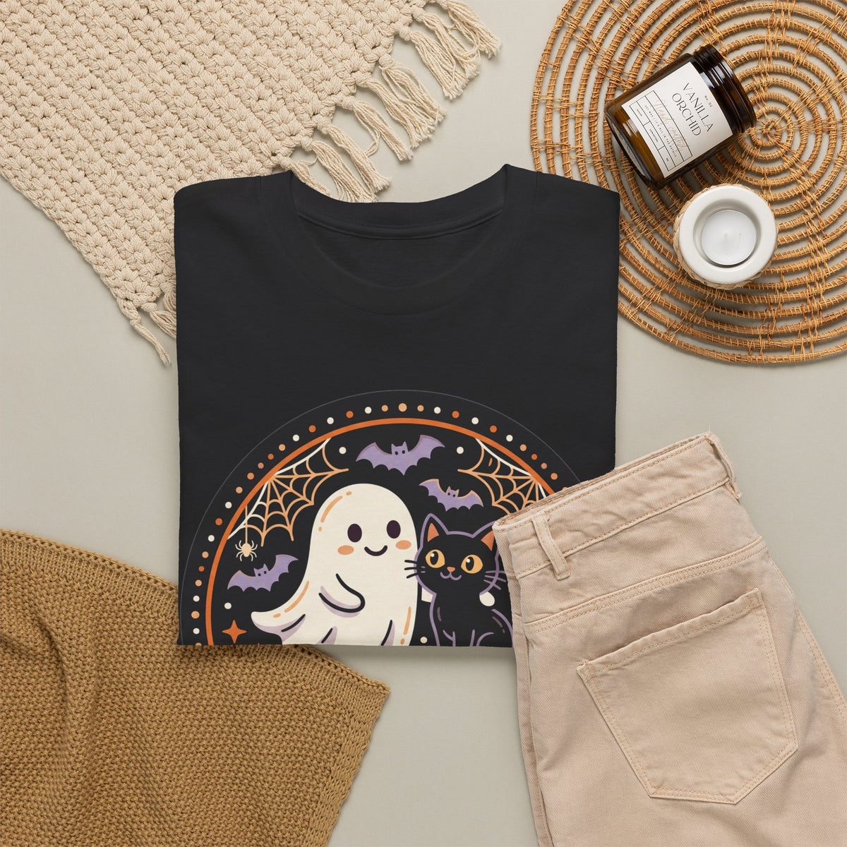 Halloween Ghost Tee — “Spooky Season” Cute Ghost & Cat Graphic T-Shirt