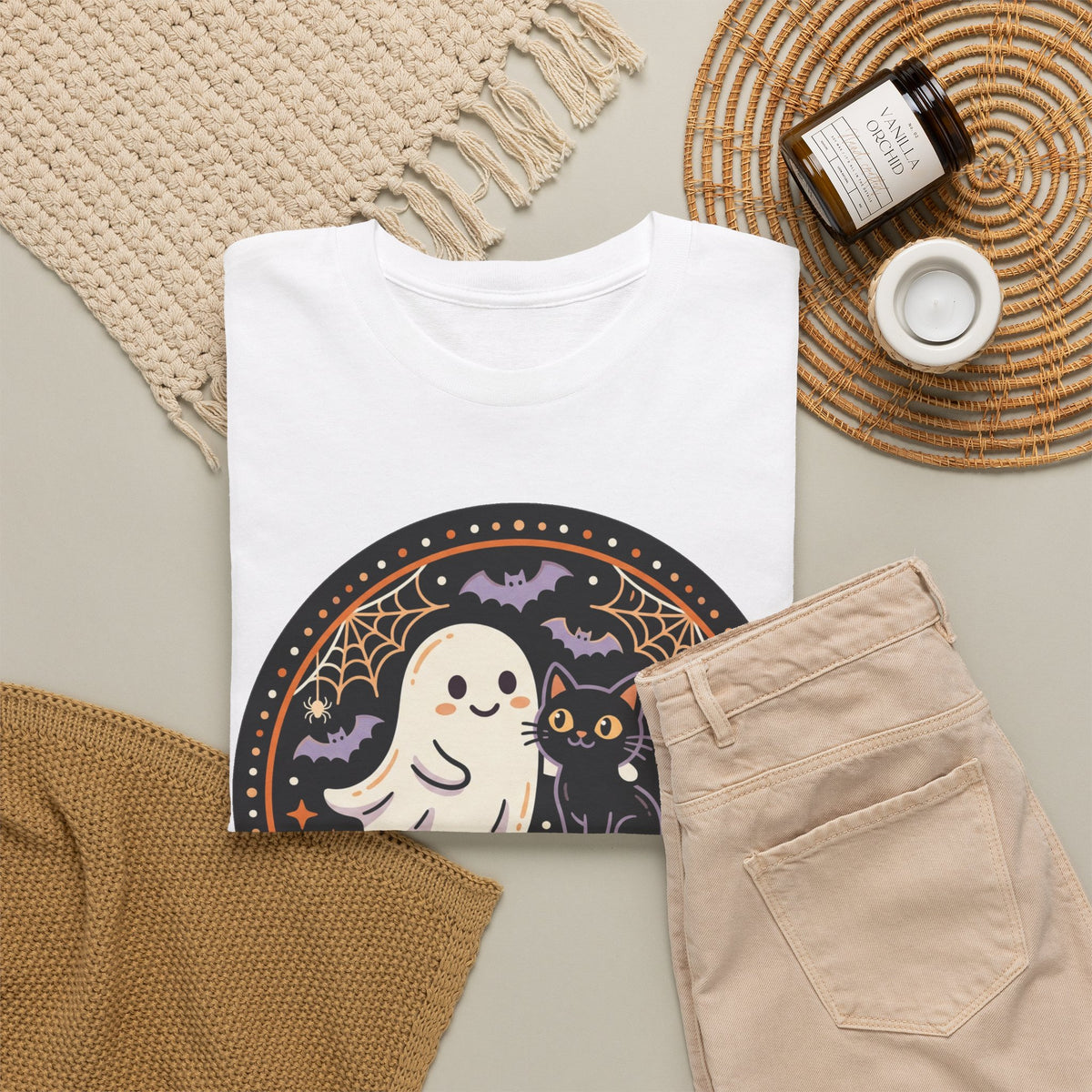Halloween Ghost Tee — “Spooky Season” Cute Ghost & Cat Graphic T-Shirt